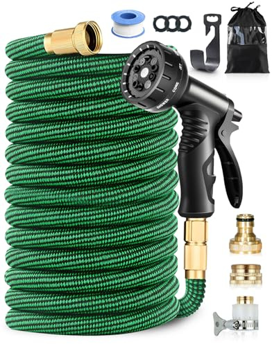 150FT/45M Expandable Garden Hose, Flexible Water Hose with 3/4 & 1/2 Fittings, 10-Pattern Spray Nozzle, 3750D Durable Outer Layer, Leakproof, Kink-Free Magic Hose, for Gardening and Washing, Green