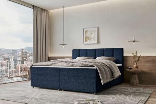99rooms Bergamo Boxspringbett Doppelbett Ehebett Webstoff Malmo_NEW Dunkelblau 200x200 cm ohne Topper, Bonellfederkern-Matratze 19 cm