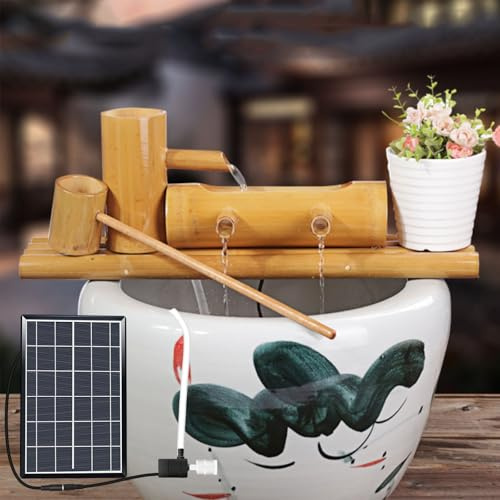 Kit De Fuente Solar De Bambú, Fuente De Agua Artesanal para Jardín Zen con Bomba, Flujo De Agua Escalonado Y Diseño De Tanque De Agua En Forma De U para Decoración De Patio(40cm)