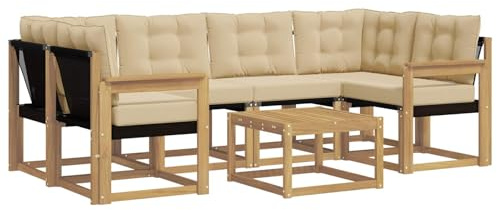 vidaXL Outdoor-Sofagarnitur mit Kissen 7 pcs Weiß und Beige, Moderne Garten-Sofa-Garnitur, Robustes Akazienholz, Bequeme Terrasse, stilvolle Couch zum Entspannen