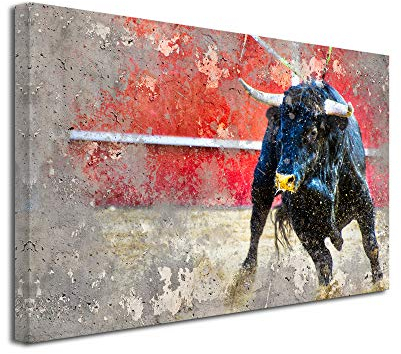 DECLINA Gemälde, Stier in der Arena, Tiermotiv, auf Leinwand, Wanddekoration, für Haus, Küche, Wohnzimmer, Schlafzimmer, Erwachsene, mehrfarbig, 120 x 80 cm