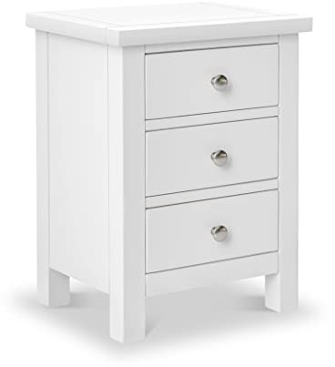 RoselandFurniture Cornish White 3 Drawer Bedside Table | Fully Assembled | Night Stand Cabinet, Painted Solid Wood Finish, Bright Modern Minimalist Style, H56cm W42cm D32cm