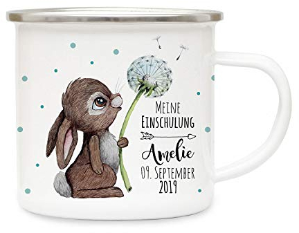 ilka parey wandtattoo-welt Emaille Becher Einschulung Camping Tasse Hase mit Pusteblume Spruch Schulkind 2019 & Name Wunschname Wunschdatum Kaffeetasse Geschenk eb441