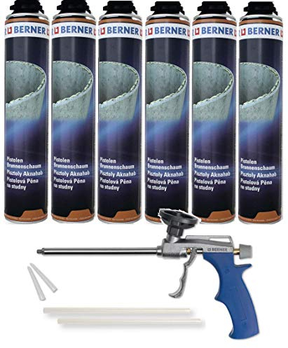 6 x Berner Brunnen-Schaum 1-K Pu-Pistolenschaum 750ml +1 Berner Pu-Pistole *****Perfekt für Fensterbänke, Anschlussfugen, Kanal & Brunnen-Schächte! Beste Qualität für den harten Einsatz*****