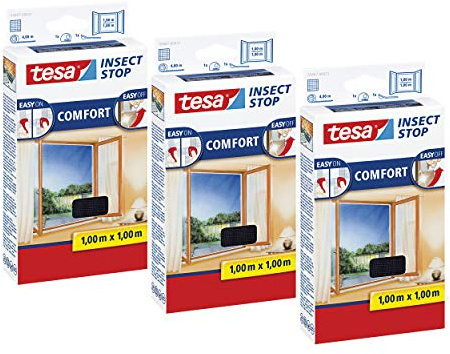 tesa Insect Stop COMFORT Fliegengitter Fenster - Insektenschutz mit Klettband selbstklebend - Fliegen Netz ohne Bohren (100 cm x 100 cm, 3er Pack/Anthrazit (Durchsichtig))