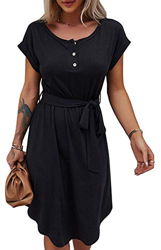 Bequemer Laden Sommer Damen Kleid Knopfleiste Kurzarm Locker Kleider Elegant Sommerkleid Strandkleid Freizeitkleid Midikleid Businesskleid mit Taille Krawatte, Schwarz, S