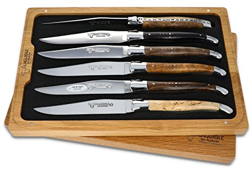 LAGUIOLE en Aubrac Sechs original Steakmesser aus Frankreich - Griff gemischte Hölzer Stahl glänzend mit Zertifikat, Braun