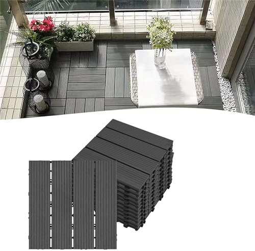 YARDIN 11 Stück WPC Terrassenfliesen, Holzoptik Klickfliesen, 30x30 cm Wetterfest Balkonfliesen, Balkon Bodenbelag Fliesen für Garten und Terrasse, Anthrazit, Gesamt 1m²