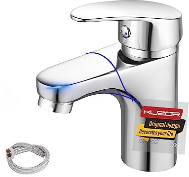 KUZOR Wasserhahn Bad Waschtischarmatur Messing, Badezimmerarmatur mit 50cm Kaltes Warmes Wasser Schläuche, waschbecken armaturen Chrom- Höhe 130 mm - 5-minütige Installation
