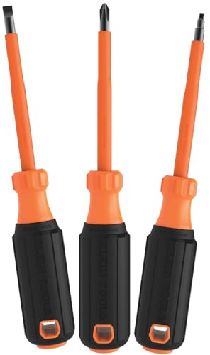 Klein Tools 85073INS Insulated Screwdriver Set, Made in USA, features 1000V Phillips, Slotted and Square Tips, Cushion Grip Handles, 3-Piece