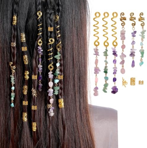 40Pcs Hair Jewelry for Braids, hoyuwak Natural Colored Crystal Stone Hair Braid Accessories Metal Hair Charms Gold Loc Dreadlock Spirals Cuffs Rings for Women Girls Rave Festival Hairstyle Decoration