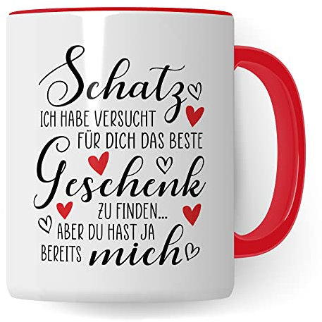 Schatz Tasse Ehefrau Kaffeetasse für Freundin Geschenk Frau Jahrestag Kaffee-Becher Geschenkidee Humor Jubiläum Beziehung Freund Ehemann Spruch lustig (Weiß/Rot)
