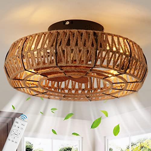 KZT Ventilateur Plafond avec Telecommande Vintage Industriel E27 Fan Plafonnier avec Corde De Chanvre Rétro Lampe de Plafond, 6 Vitesse, Tissé À La Main Bar Cuisine Salle À Manger Éclairage de plafond
