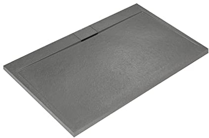 Ideal Standard - Ultra Flat S i.life, Plato de ducha rectangular 140 x 80 cm, de resina, desagüe lateral largo, acabado mate efecto piedra, gris cemento