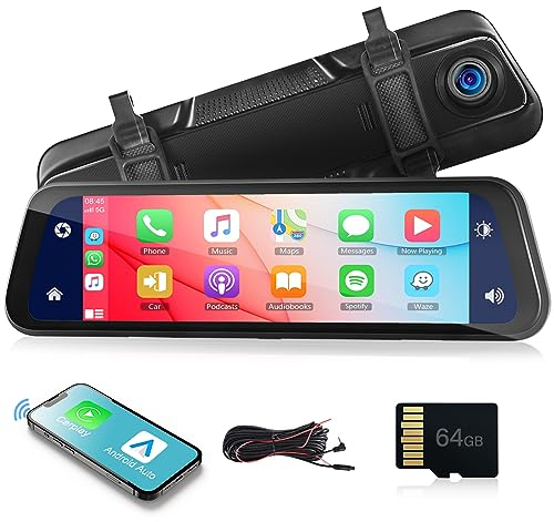Retrovisor Dash CAM Coche Inalámbrico Carplay Android Auto 9,66 Pantalla Táctil Dashcam con Frontal Cámara & Cámara Trasera Bluetooth/Loop Video/Visión Nocturna/Impermeable/Monitor de Aparcamiento