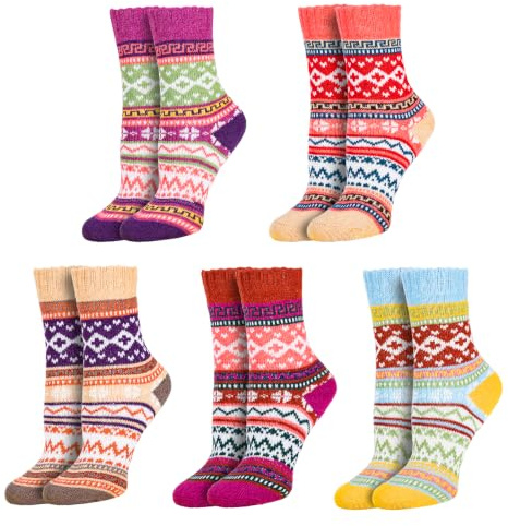 Thermal Winter Women Socks 5 Pairs Warm Knitting Crew Ladies Socks Soft Cotton Thick Bed Sock for Home Office School Hiking Ideal Christmas Gifts