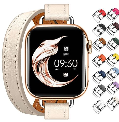 Juntan Double Leather Strap Compatible with Apple Watch 38 mm 40 mm 41 mm 42 mm 44 mm 45 mm, Slim Leather Watch Strap Tour Bracelet Replacement for iWatch SE Series 8 7 6 5 4 3 2 1,, Polar star