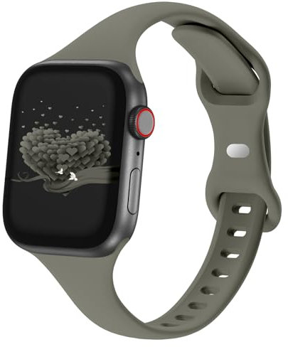 Slim Thin Narrow Band Compatible with Apple Watch 38mm 40mm 41mm 42mm 44mm 45mm 46mm 49mm, Replacement Silicone Sport Strap Wristbands for iWatch Series 9/8/7/6/5/4/3/2/1 Ultra/2 SE Women Men, Khaki