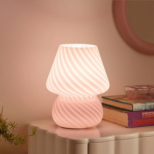 ONEWISH Mushroom Lamp - Small Bedside Table Lamp with Striped Glass, Nightstand Lamp for Bedroom, Living Room, Cafe, Bulb Included, Gift for Girls Women Birthday Christmas Thanksgiving Day, Pink