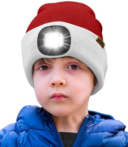 ATNKE Kids LED Beleuchtete Mütze mit Licht,Wiederaufladbare USB 4 LED Laufmütze Extrem Heller Lampe Winter Warme Stricken Mütze Großartig Geschenke für Jungen und Mädchen/White/Red Christmas