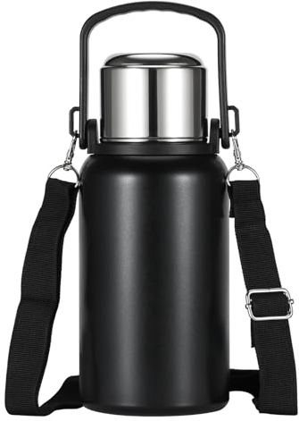 Insulated Water Bottle Metal Water Bottle 32oz/1000ml, Large Double Wall Metal Sports Water Bottle with Lid & Strap Design for Men, Women, for Gym Camping Hiking Travel Home Office, Black