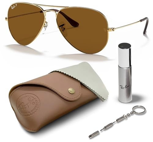 Ray-Ban RB3025 Aviator Pilot Sonnenbrille, BRILLEN-SET | Exklusiv-Etui und Care-Kit - Polished Arista Gold/Polarized Brown