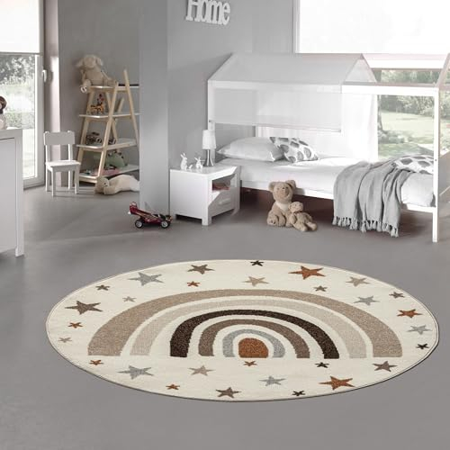 Teppich-Traum Kinderzimmerteppich Spielzimmer Pflegeleicht Regenbogen Sterne Hell robust Creme, 120 cm Rund