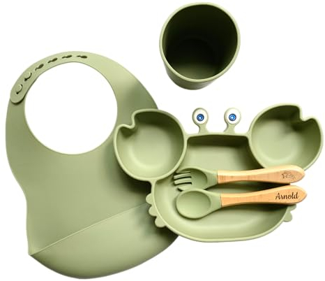 Ensemble repas ludique pour enfants : Pack repas personnalisé avec bavoir assorti et verre - Pratique, amusant et stylé, le tout en Kaki !