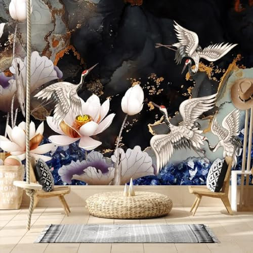 GSAEIMCT Large 4D Wallpaper Wall Stickers - Aesthetic Arts Mural Poster For Living Room Custom Wall Decor, Retro Ethnic Flying Crane Lotus Wall Background Papers Home Mural,500Cm(W) X300Cm(H)
