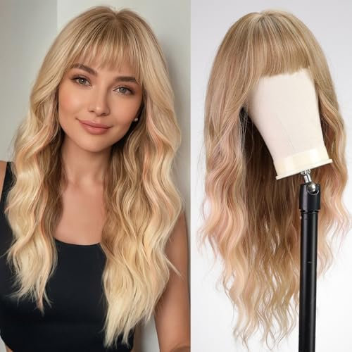 WOKESTAR Parrucche lunghe bionde con riflessi rosa per donne Parrucca di capelli sintetici mossi con frangia