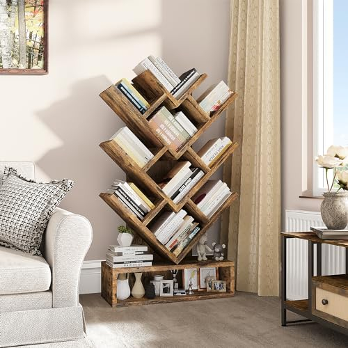 YITAHOME Tree Bookshelf, Floor Standing Bookcase with Wooden Drawer Industrial Shelving Units Display Storage Shelf for Living Room,Home,Office, Rustic Brown Book shelves