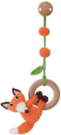 Sindibaba – Multifunktionales Hängespielzeug Fuchs FRED (Bio, orange, 23 cm, gehäkelt, Rassel) – Nachhaltiges Babyspielzeug mit weichem Greifling zum Aufhängen an Kinderwagen, Spielbogen & Bettchen