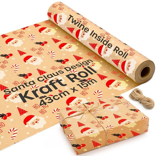 Papier Kraft Rouleau avec Design de Père Noël - 15 m x 43 cm Rouleau Papier Cadeau avec 2 Ficelles en Jute - Idéal comme Emballage Cadeau et Papier Cadeau Noël.