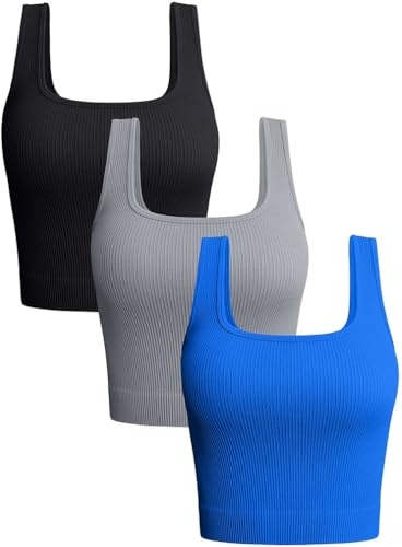 OQQ Damen 3-teiliges Tank-Top, gerippt, nahtlos, Workout-Shirts, Yoga, Bauchfreies Top, Schwarz Grau Blau, X-Groß