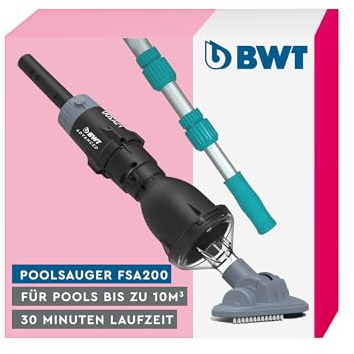 BWT Poolsauger Akku (FSA200, mit Teleskopstange) | Effiziente Reinigung von Pools | Kabelloser Betrieb | Poolroboter | Pool Zubehör | Poolreiniger mit Flachbürstenaufsatz | Pool Bodensauger