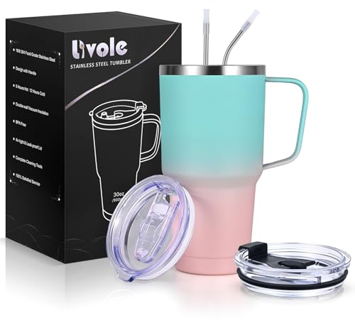 Livole Taza Térmica de Doble Pared Con Pajita y Asa, 30 oz/900 ml, Acero Inoxidable, Aislado, Para Café y Llevar, Azul y Rosa