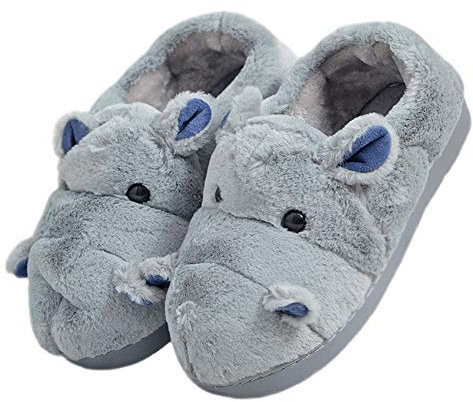 LANFIRE Baumwolle Hausschuhe für Kinder und Erwachsene - Nilpferd Plüsch Tier Design - Grau, Damen, EU 42-43, Schmal