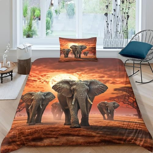 ZHENGYUU Elefant Bettwäsche Set 3D Gedruckter Schöne Tiere Bettbezug Set Sanft Mikrofaser 2 Teilig Geeignet Für Männer Und Frauen Betten Set Mit Reißverschluss Und Kissenbezug Single(135x200cm)