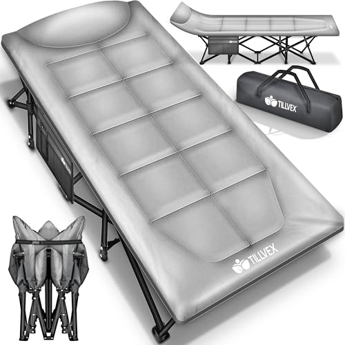 tillvex® Campingbett klappbar mit Tragetasche bis 200 kg | Campingliege extra breit | Feldbett Karpfenliege für Outdoor & Indoor | Klappbett Gästebett faltbar Garten Camping Angeln Festival Reise