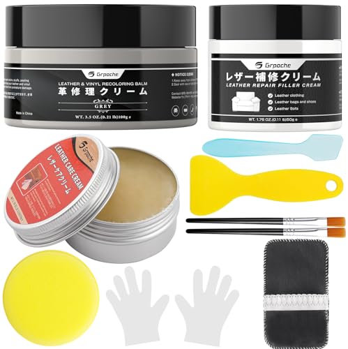 Grpoche Leder Reparatur Set, Grau Lederpflege für Ledercouch, Lederreparaturcreme für Kratzer, verblasste Stellen, Abnutzung, Lederfarbe für Sofas, Autos