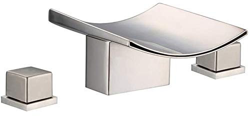 Robinet de lavabo de Salle de Bain largement répandu, 3 Trous, 2 poignées, Robinet de Salle de Bain en Cascade, Robinet de lavabo en Laiton Massif pour Salle de Bain, Nickel brossé