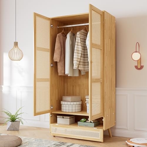Gelukueub Armadio con asta, armadio a 2 porte, camera da letto, rete in rattan, soggiorno, con coperchio flip top inferiore, truciolare+rattan PE, natura
