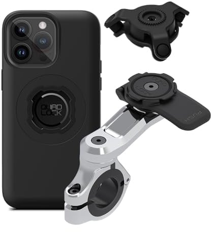 QUAD LOCK Lenker Handyhalterung PRO Chrom für Motorrad mit Vibrationsdämpfer und MAG Hülle für iPhone 14 Pro Max