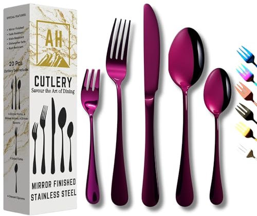 AlHakimi Royal Purple 20-Piece Dinner Set for 4, 20-Piece Cutlery Set, Stainless Steel, Purple, Ornate, High Grade Mirror Finish, Dishwasher Safe, Special Occasions, Gifting, Dining
