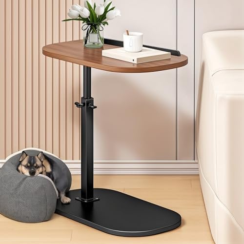 Cadciehe C Table, Adjustable Height Skinny Side Table, 360 Degree Swivel TV Tray, Night Stand With 2-Tier Storage Shelf, Reversible Couch Drink Snack Table, Brown