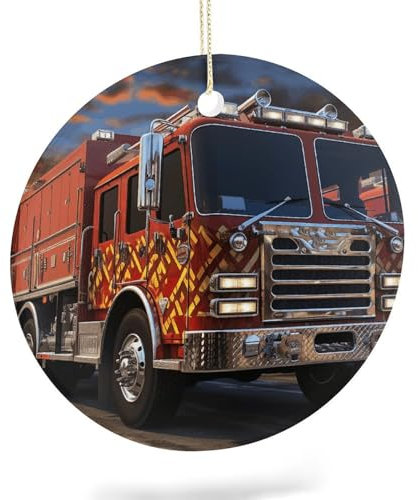 Weihnachtsschmuck, Weihnachtsbaumschmuck, rund, Keramik, hängende Ornamente, 7,4 cm, Weihnachts-Porzellan-Anhänger, Feuerwehrauto, Weihnachtsbaumschmuck für Hochzeit, Urlaub, Party