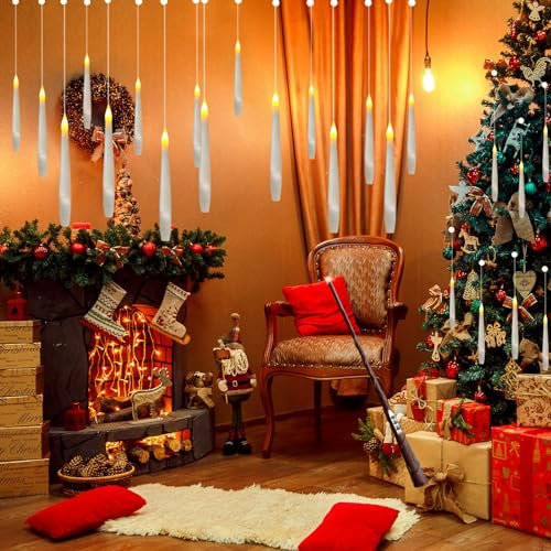 12 Pack Floating Candles with Wand, Hanging Magic Candle, Flashing Warm Light Battery LED with Wand Remote, Flameless Candles for Christmas, Wedding, Halloween, Birthday Party (12 Pack)