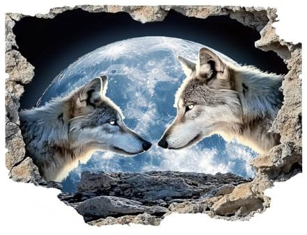SUPERDANT Wandtattoo 3D Wolf Wandsticker Waldtiere Wandaufkleber Mond Bricht Durch Die Wand Tier Lustiges DIY Kunst Abziehen Und Aufkleben Vinyl Wandsticker Dekor Für Kinderzimmer Wohnzimmer 90x60cm