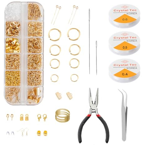 YDAKGUEY Jump Ring Jewellery Repair Kit, 806 PCS Jewelry Making Supplies Kit with Lobster Clasps Needle Nose Plier and Tweezer, Jewelry Findings Tools for Earring Bracelet Keychain - Gold