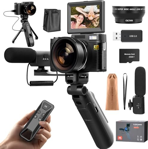 Monitech Digital Camera for YouTube Photography, 4K Vlogging Camera with Flip Screen & Autofocus, Creator Kit Includes Remote, Microphone, Tripod Grip, Wide-Angle/Macro Lens & Batteries